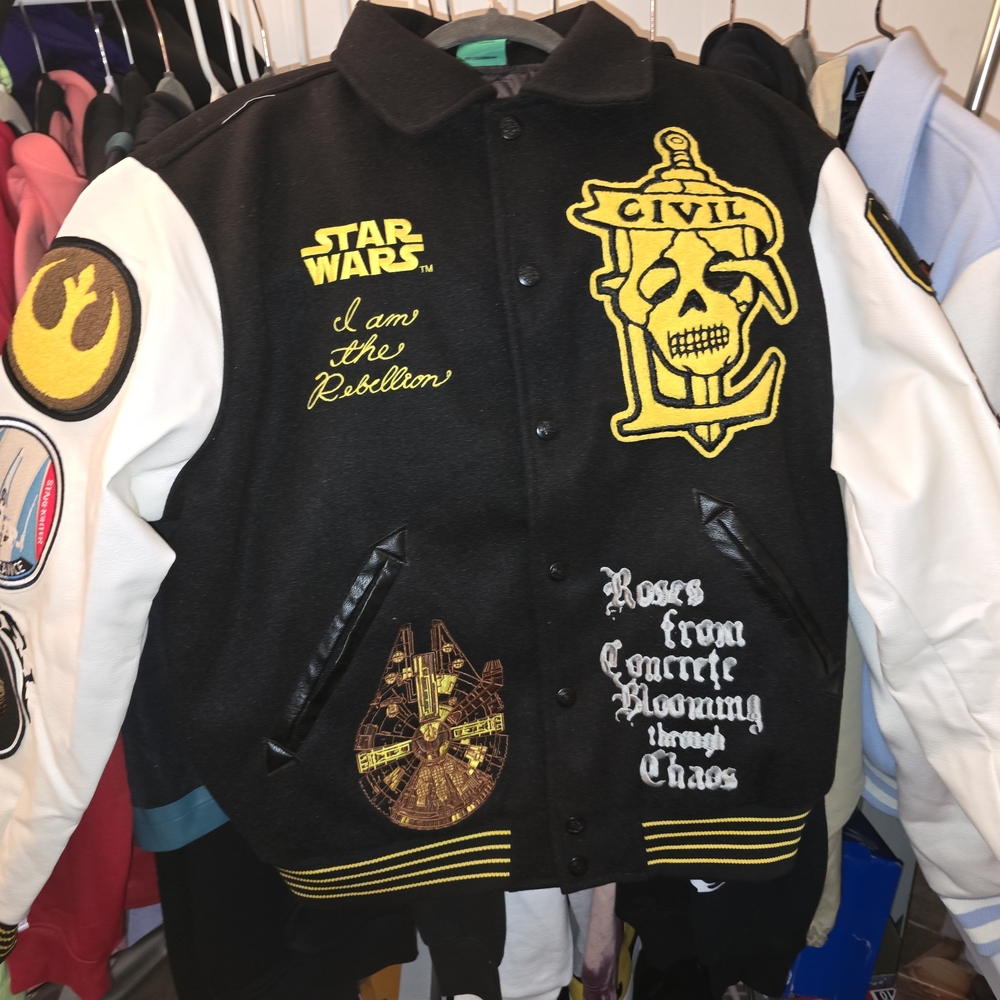 Civil Regime Star Wars Civil Black and White Varsity Jacket with Yellow Details